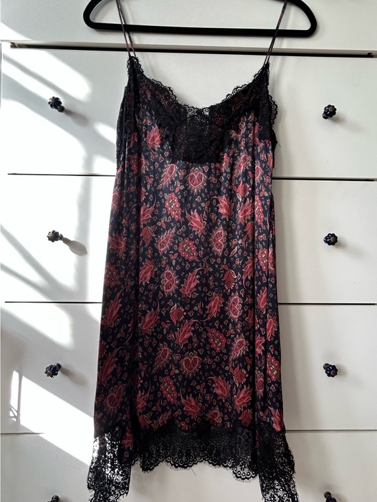 Zara Dresses & Skirts - Zara Black Slip Dress with Pink Floral Print and Lace Trim